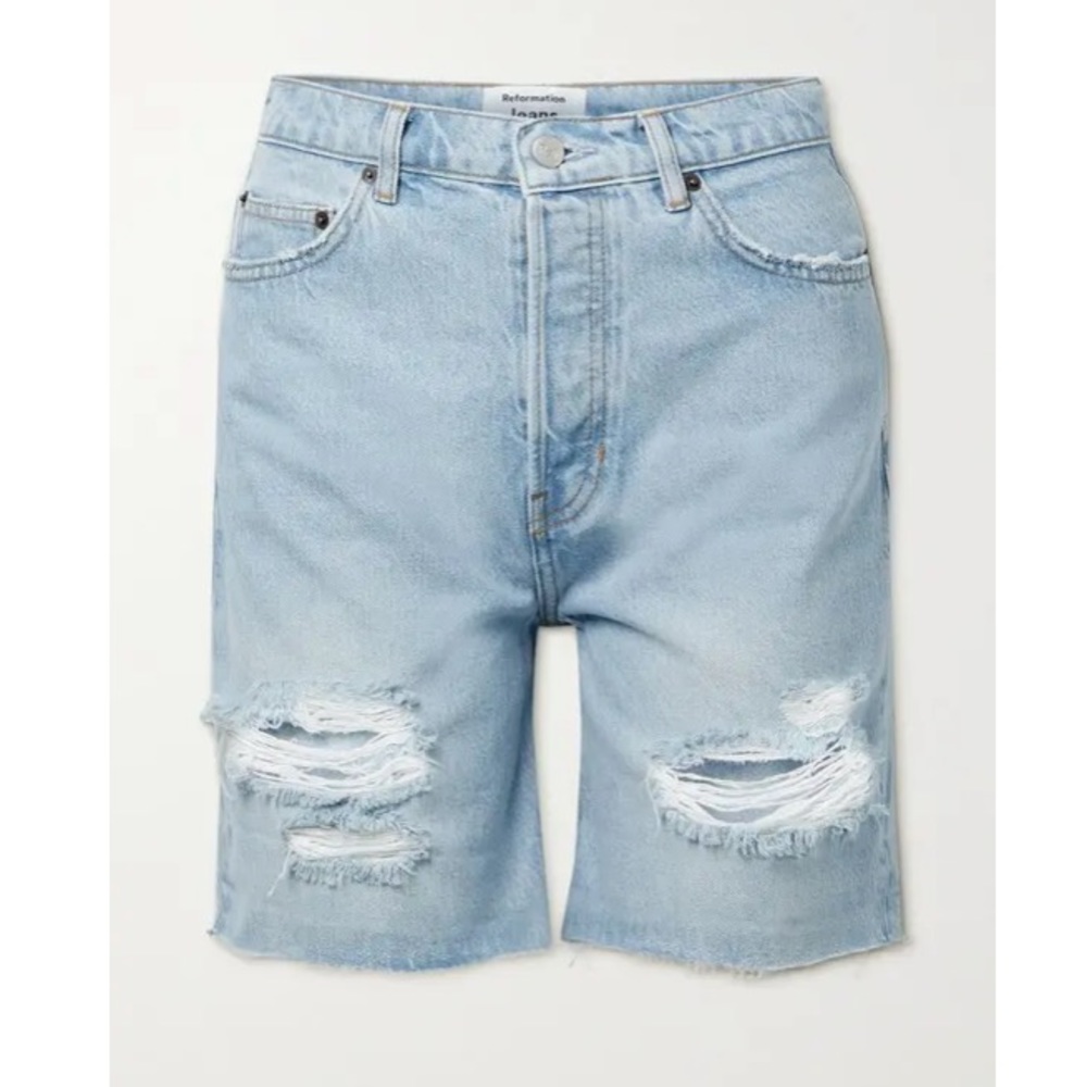 REFORMATION
Max distressed organic denim shorts